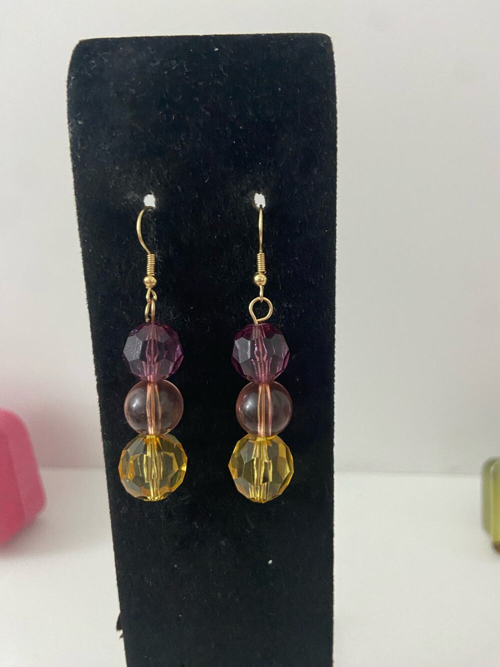 purple pink and yellow bead earrings